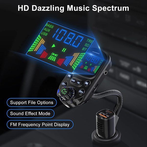 Bluetooth 5.3 FM Transmitter for Car- SOARUN Bluetooth Car Adapter PD30W & USB Port Fast Charge - HiFi Treble & Bass Player - 1.6" Display Hands-Free Calling - Car Radio with AUX Input/Output, TF Card - Image 3