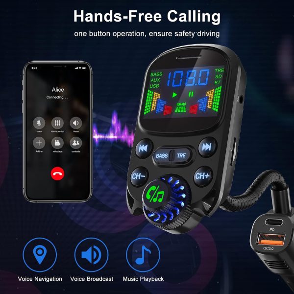 Bluetooth 5.3 FM Transmitter for Car- SOARUN Bluetooth Car Adapter PD30W & USB Port Fast Charge - HiFi Treble & Bass Player - 1.6" Display Hands-Free Calling - Car Radio with AUX Input/Output, TF Card - Image 5