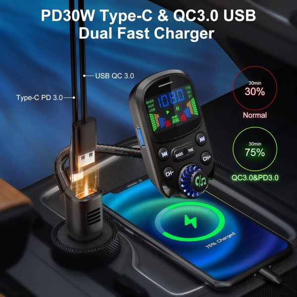 Bluetooth 5.3 FM Transmitter for Car- SOARUN Bluetooth Car Adapter PD30W & USB Port Fast Charge - HiFi Treble & Bass Player - 1.6" Display Hands-Free Calling - Car Radio with AUX Input/Output, TF Card - Image 6