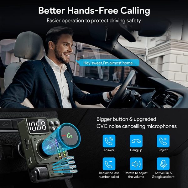 LENCENT FM Bluetooth 5.3 Transmitter for Car, Adjustable Treble and Bass Sound Music Player, Bluetooth Car Adapter for Hands Free Calls, Supports PD30W Fast Charging, U Disk, Siri Google Assistant - Image 10
