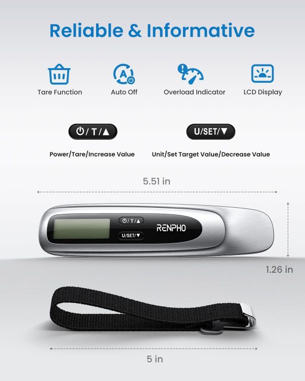 RENPHO Luggage Scale, Suitcase Scale for Travel, Baggage Weight Scale with Backlit, Portable Handheld Scale with Tare Function, Overweight Reminder, Rubber Paint, 110lb/50kg, Battery Included - Image 7