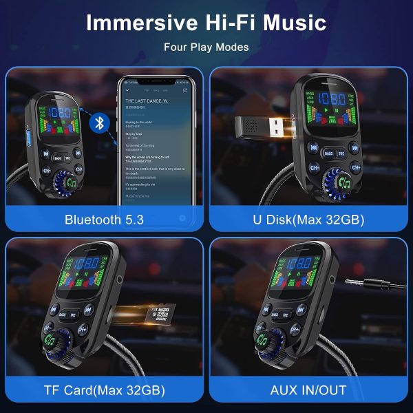 Bluetooth 5.3 FM Transmitter for Car- SOARUN Bluetooth Car Adapter PD30W & USB Port Fast Charge - HiFi Treble & Bass Player - 1.6" Display Hands-Free Calling - Car Radio with AUX Input/Output, TF Card - Image 4