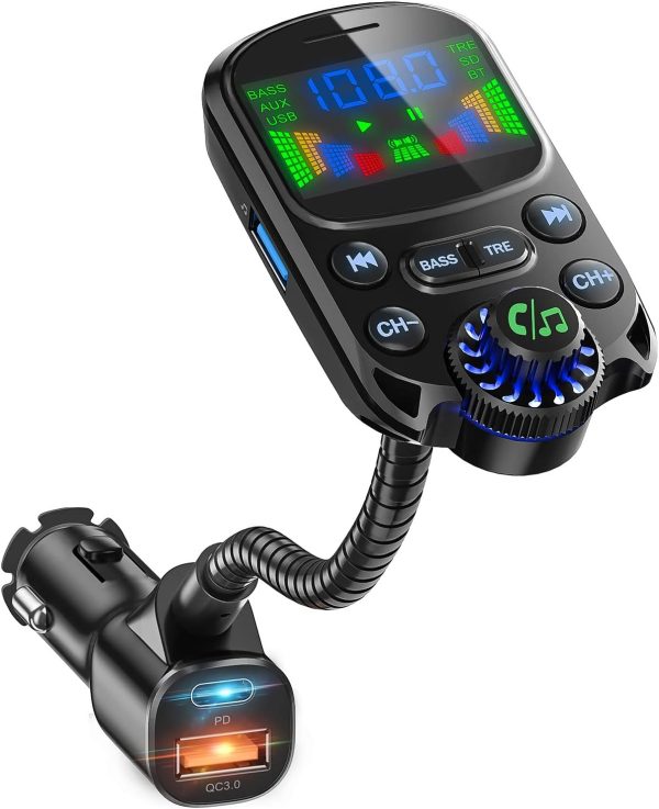 Bluetooth 5.3 FM Transmitter for Car- SOARUN Bluetooth Car Adapter PD30W & USB Port Fast Charge - HiFi Treble & Bass Player - 1.6" Display Hands-Free Calling - Car Radio with AUX Input/Output, TF Card