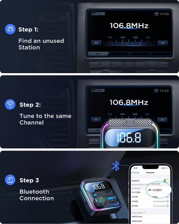 JOYROOM Bluetooth 5.3 FM Transmitter Car Adapter, [Stronger Dual Mics & HiFi Deep Bass Sound], 48W PD&QC3.0 USB C Car Charger Cigarette Lighter Adapter, Hands-Free Calling Radio Stereo Receiver - Image 4